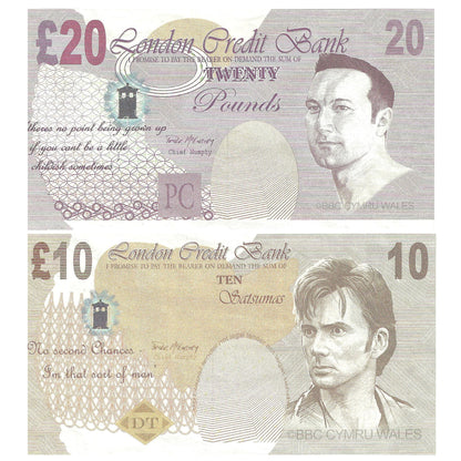 BBC Doctor Who David Tennant £10 and Phil Collinson £20 Notes from the episode 'Runaway Bride'