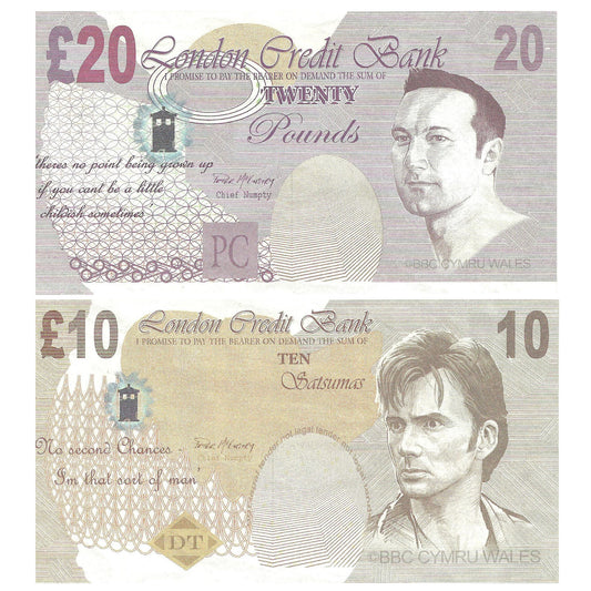 BBC Doctor Who David Tennant £10 and Phil Collinson £20 Notes from the episode 'Runaway Bride'